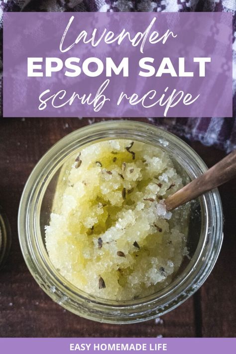 Do you have dry, rough skin? This Epsom salt scrub recipe is exactly what the doctor ordered! Combine the floral scents of lavender and the citrusy notes of lemons into a simple and quick scrub. It’s guaranteed to make your skin soft even if the winter weather has dried it out. Make this for yourself, or make a batch to give as gifts to a special woman in your life. You only need 5 ingredients and five minutes! Epsom Salt Scrub Diy, Epson Salt Scrub, Epsom Salt Scrub Recipe, Epsom Salt Bath Recipe, Soft Scrub Recipe, Lavender Epsom Salt, Epsom Salt Scrub, Salt Scrub Diy, Salt Scrub Recipe