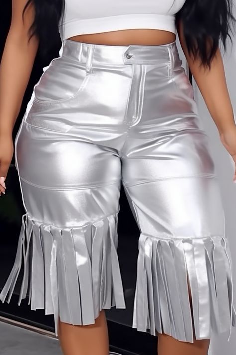 Plus Size Daily Pant Silver Hight Waist Glitter Sheen Fringe Pant [Pre-Order] Black 70s Fashion, Ugly Fashion, Rainbow Dresses, Purple Sequin Dress, Fringe Shorts, Blue Denim Dress, Denim Skirt Women, Rainbow Dress, Plus Size Summer