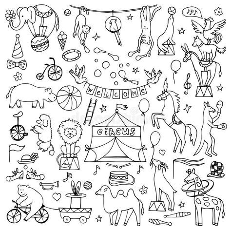 Hand drawn circus set vector illustration Circus Doodles, Carnival Tattoo, Welcome To The Circus, Objects Illustration, Circus Tattoo, Circus Illustration, Max Beckmann, Kids Carnival, Chibi Sketch