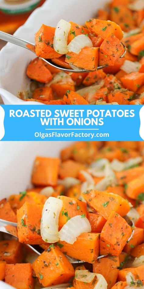 Potato Onion Recipes, Sweet Potatoes And Onions, Potatoes With Onions, Oven Roasted Sweet Potatoes, Sweet Potato Dishes, Potatoes And Onions, Brown Sugar Recipes, Cubed Sweet Potatoes, Roasted Vegetable Recipes