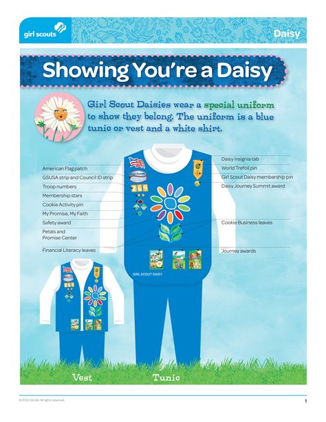 Daisy Uniform Girl Scout Daisy Uniform, Girl Scout Daisy Vest, Daisy Uniform, Girl Scout Troop Leader, Girl Scout Uniform, Daisy Troop, Girl Scout Daisy, Girl Scout Activities, Daisy Scouts