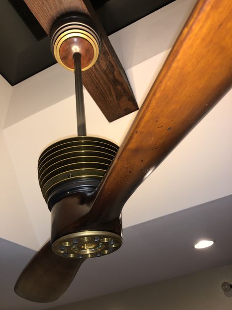 I designed and built this fan for my home office.  It uses a six-speed high efficiency DC motor and a halo LED up light to illuminate my skylight space.  A combination of CNC’d brass and rich wood give the warm vintage look I was searching for. Airplane Prop, Propeller Decor, Plane Propeller, Awesome Lights, Airplane Wing, Airplane Propeller, Aviation Theme, Propeller Ceiling Fan, North Conway