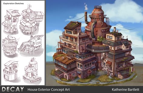 Apartment/Factory Exterior Concept Art- Decay, Katherine Bartlett on ArtStation at https://www.artstation.com/artwork/lVA6bk Exterior Concept Art, Factory Concept Art, Factory Exterior, Apartment Exterior, Environment Concept Art, Post Apocalyptic, Urban Jungle, Apartment Building, Leaning Tower Of Pisa