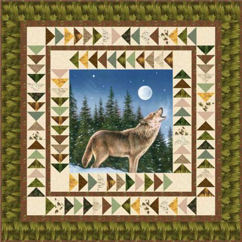 Majestic Outdoors - Howling Wolf Free Quilt Pattern Wolf Quilt, Masculine Quilts, Animal Print Quilt, Wildlife Quilts, Quilting Business, Quilt Panels, Panel Quilt Patterns, Quilt Borders, Fabric Panel Quilts