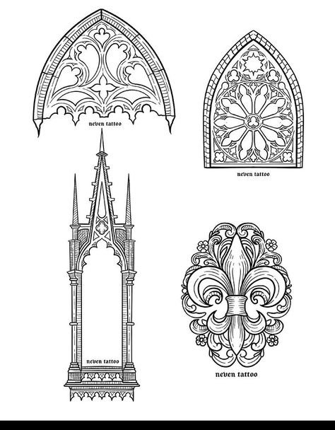 Gothic Architecture Reference, Gothic Window Pattern, Cathedral Drawing Reference, Gothic Tower Tattoo, Gothic Ornament Pattern, Cathedral Window Drawing, Gothic Vine Tattoos, Goth Architecture Tattoo, Gothic Arch Tattoo