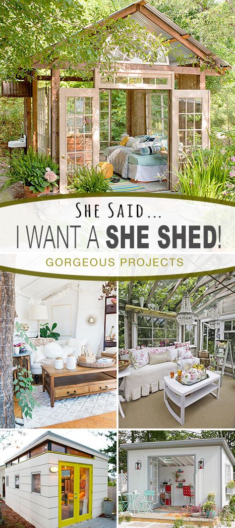 Awesome SHE SHED ideas and projects! - Check out this post on fabulous She Shed DIY tutorials, projects and inspiring ideas! #sheshed #DIYshedshed #sheshedprojects #DIYsheshedprojects #DIYshed #sheshedhowto She Shed Diy, Diy She Shed, She Shed Ideas, Shed Diy, Shed Ideas, Storage Shed Plans, Shed Kits, Backyard Shed, Diy Outdoor Decor