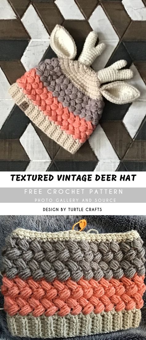 Textured Vintage Deer Crochet Hat FREE | Pattern Center Crochet For Two Year Old, Crochet Deer Ears Free Pattern, Crochet Deer Antlers Free Pattern, Crochet Antlers Pattern Free, Crochet Fun Hats Free Pattern, Deer Crochet, Crochet Beanies, Crochet Deer, Crochet Kids Hats