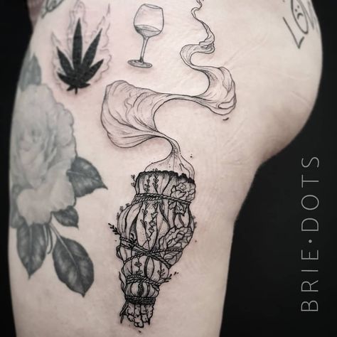 Sage Burning Tattoo, Witchy Tattoo Fillers, Witchy Gap Filler Tattoo, Burning Sage Tattoo, Sage Bundle Tattoo, Apothecary Tattoo, Sleeve Gap Fillers Tattoo Ideas, Space Filler Tattoo, Magical Tattoo Ideas