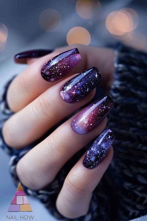 Galaxy Wedding Nails, Nail Galaxy Design, Pink Celestial Nails, Cosmic Nail Designs, Purple Celestial Nails, Pink Galaxy Nails, Cat Eye Galaxy Nails, Galaxy Nails Designs, Dark Blue Nails With Stars