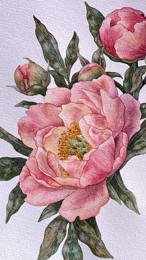 Watercolor Flowers Realistic, Metallic Painting Ideas, Peony Flower Drawing, Peonies Drawing, Peony Flower Painting, Bild Gold, Peonies Painting, Peony Drawing, Peony Watercolor