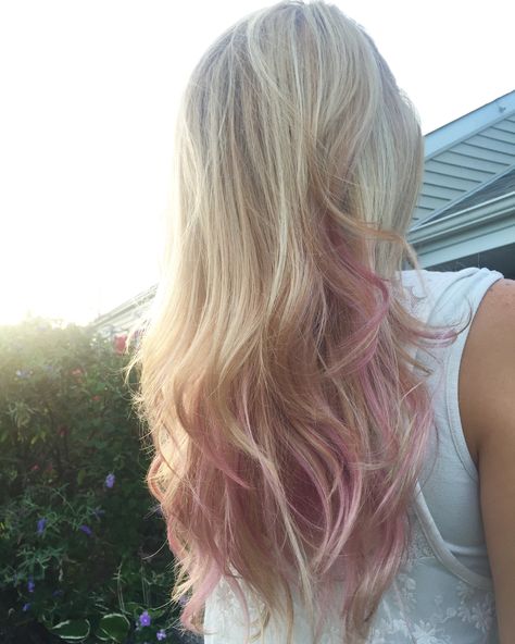 Love my pink hair!  #pink #blonde #rose Pink Pieces In Blonde Hair, Pink Tinted Blonde Hair, Pink Dip Dye Hair Blonde, Blonde Hair With Pastel Pink Highlights, Blonde Hair Dyed Pink, Blonde W Pink Highlights, Blond With Color Highlights, Pink Mermaid Hair, Light Pink Streaks In Blonde Hair