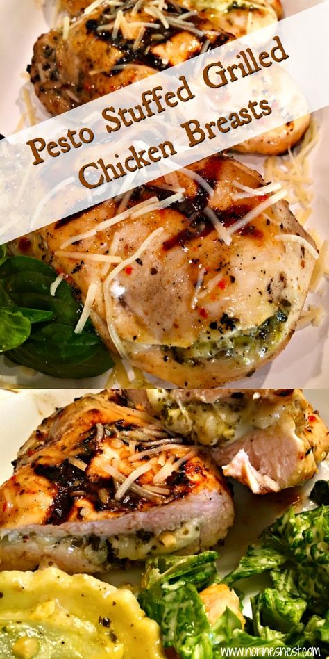 Pesto Stuffed Chicken Breast are tender thick chicken breasts marinaded and then stuffed with Pesto and cheese and grilled to perfection! Simple, Easy, and Delicious! Stuffed Chicken On The Grill, Stuffed Grilled Chicken Breast Recipes, Stuffed Grilled Chicken Recipes, Smoked Stuffed Chicken Breast, Stuffed Pesto Chicken, Grilled Chicken With Pesto, Pesto Stuffed Chicken Breast, Breaded Stuffed Chicken Breast, Grilled Stuffed Chicken Breast