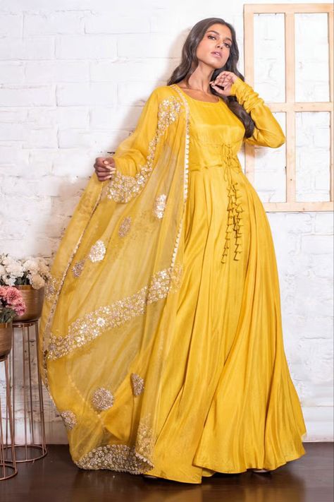 Buy #mustard #yellow #anarkali with front open umbrella cut. Paired with gota, sequin, pearl embroidered dupatta at #azafashions Shop online now at #Azafashions.com Call +91 8291990059 or email contactus@azafashions.com for enquiries. #wedding #festive #ethnic #tradional #shopping #shoponline #party #reception #bride Yellow Anarkali Dress For Haldi, Yellow Anarkali Dress, Yellow Anarkali, Open Umbrella, Haldi Outfits, Reception Bride, Character Wardrobe, Function Dresses, Party Reception