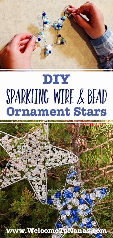 Wire Bead Christmas Ornaments, Beads Projects Crafts, Wire Star Ornament Diy, Wire And Bead Christmas Ornaments, Christmas Bead Crafts For Kids, Wire And Bead Ornaments, Wire Bead Ornaments Diy, Glass Bead Christmas Ornaments Diy, Easy Beaded Ornaments Diy