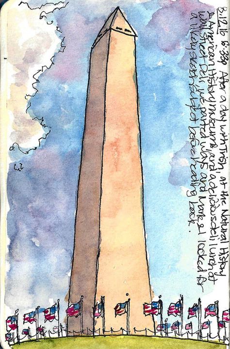 Washington Dc Scrapbook, Washington Dc Painting, Watercolor Journaling, Trip Journal, Washington Dc Art, Watercolor Art Journal, Watercolor Architecture, Journal Books, Washington Monument