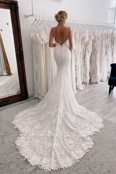 Lace Fishtail Wedding Dress, Cheap Wedding Dress Boho, Cheap Lace Wedding Dresses, Romantic Wedding Dress Lace, Wedding Dress Necklace, Beach Wedding Dress Boho, Wedding Gowns Mermaid, Wedding Dress Train, Backless Wedding