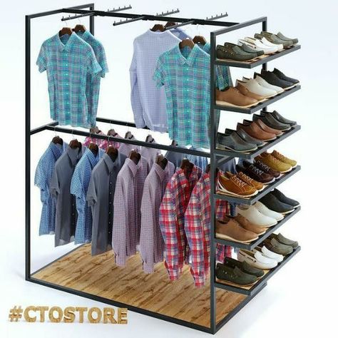 Diy Clothes Rack Wood, Small Clothing Store Interior, Retail Clothing Display, Clothes Rack Design, Steel Bed Design, Iron Furniture Design, Clothing Rack Display, Store Shelves Design, Diy Clothes Rack