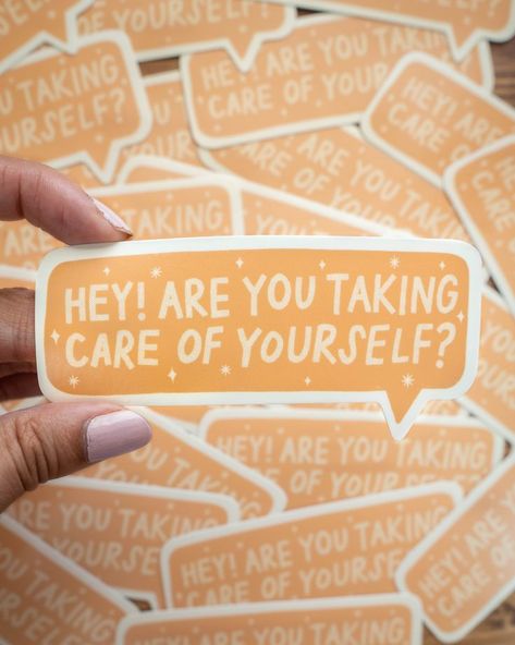 These self-care stickers read "Hey! Are you taking care of yourself?" It makes a great reminder for you to stop and take care of yourself. Stick it on things you see or use a lot, and maybe even send it to friends and family as a care package! These stickers are completely waterproof and dishwasher-safe! They have a UV-protected laminate, which protects them against fading, cracking, or peeling. All of our stickers are designed, manufactured, and printed in the USA. 4" x 2" inches Wellness Stickers, Health Stickers, Motivational Stickers, Health Care Stickers, Self Care Stickers, Sticker Packaging, Mindfulness Stickers, Mental Health Stickers, Public Health Stickers