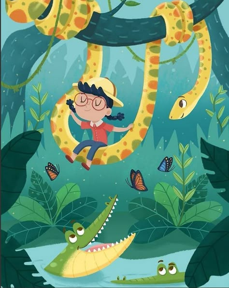 Snake Cute, Child Draw, Drawing Composition, Crocodile Illustration, Kindergarten Drawing, Book Illustration Layout, Crayon Drawing, 동화 삽화, Jungle Illustration