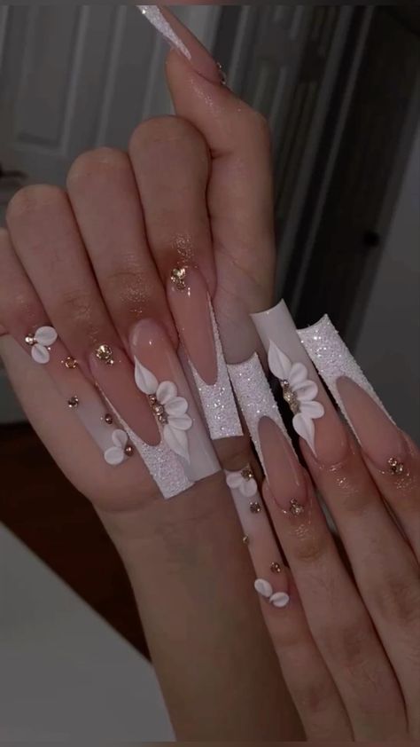 Nail Inspo Quince, White Quince Nails, Baptism Nails, Quince Nails Pink, Gold Quince Nails, Quinceanera Stuff, Champagne Nails, Quince Nails, Nail French