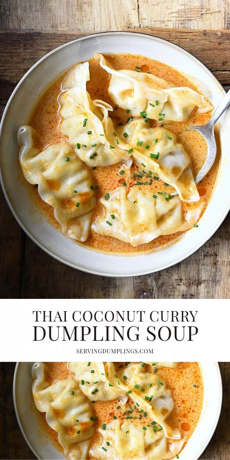 Thai Coconut Curry Dumpling Soup Work Soup Lunch, Thai Coconut Curry Dumpling Soup, Heavy Soup Recipes, Pho Dumpling Soup, Vegetarian Dumpling Stew, Dumpling Soup Vegetarian, Easy Soup Ideas For Dinner, Thai Curry Dumpling Soup, Creamy Coconut Soup