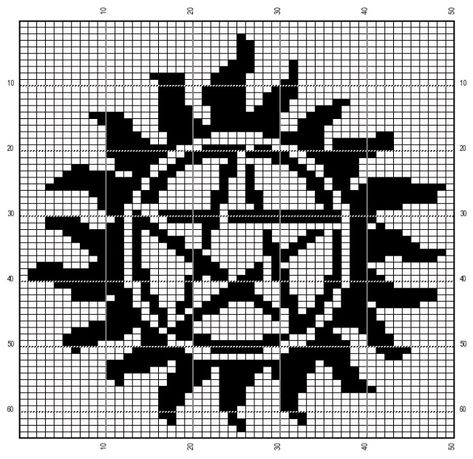 Crochet supernatural anit-possession symbol C2c Crochet Blankets, Crochet Supernatural Pattern, Supernatural Crochet Patterns, Supernatural Knitting Patterns, Supernatural Pixel Art, Supernatural Crochet Patterns Free, Crochet Supernatural, Supernatural Crochet, Graphgan Crochet Patterns