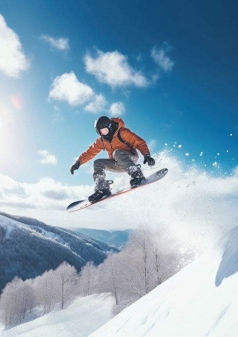 a photo of the man jumping with snowboard from the hill. AI generated Image by rawpixel. | free image by rawpixel.com / Hein Snowboarding Jump, Snowboard Jump, Skiing Photos, Snowboarding Tips, Snowboarding Aesthetic, Man Jumping, Snow Boarding, Vision Board Pictures, Man Photo