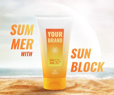 Beach Advertising, Lotion & Sunscreen Applicators, Sun Protection Cream, Cosmetics Packaging, Cosmetics Mockup, Bottle Design Packaging, Sun Block, Branding Mood Board, Graphic Designer Portfolio