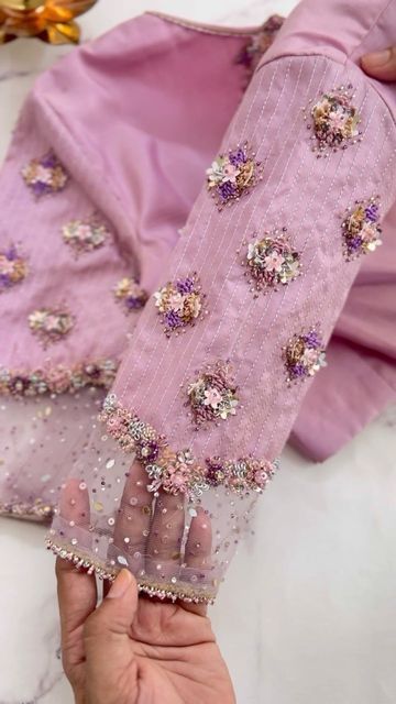 Aari Net Sleeve Design, Pom Pom Blouse Designs, New Fancy Blouse Design, Net Sleeve Aari Work Blouse, Net Dresses, Pink Long Sleeve Blouse With Resham Embroidery, Pink Long Sleeve Blouse With Zari Work, Blouse Sleeves Design, Pink Semi-stitched Blouse With Intricate Embroidery