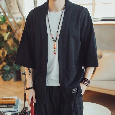 Aesthetic Kimono Outfit Men, Japanese Modern Style Fashion, Mens Kimono Fashion, Chinese Male Fashion, Kimono Outfit Men, Haori Outfit, Kimono Jacket Outfit, Mens Haori, Streetwear Kimono