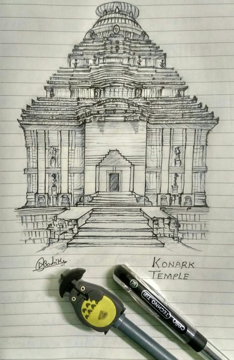 Konark Sun Temple Drawing, Temples Sketches, Temple Drawing Indian Simple, Nilkanth Varni, Konark Sun Temple, Temple Painting, Temple Drawing, Sun Temple, Design Fundamentals