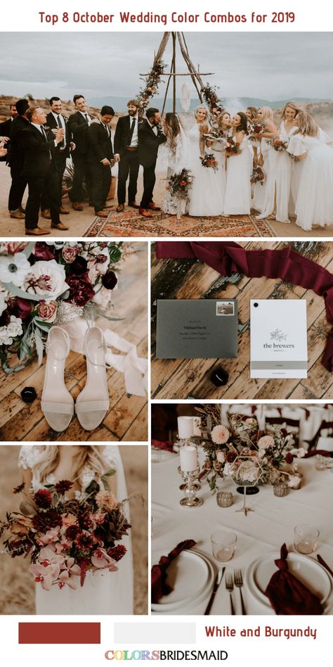 Top 8 October Wedding Color Combos for 2019 - ColorsBridesmaid White And Burgundy Wedding, Elegant Spring Wedding Ideas, Dark Red Bridesmaid Dresses, October Wedding Colors, Wheat Wedding, Wine Bridesmaid Dresses, Dollar Tree Wedding, Green Wedding Bouquet, Wedding Color Combinations