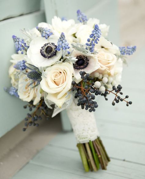 Hyacinth, Blueberry and Anemone Wedding Bouquet | Bridal Bouquet Blue, Something Blue Bridal, Blue Wedding Bouquet, Winter Wedding Flowers, White And Blue Flowers, Something Blue Wedding, Blue Wedding Flowers, Blue Bouquet, Winter Flowers