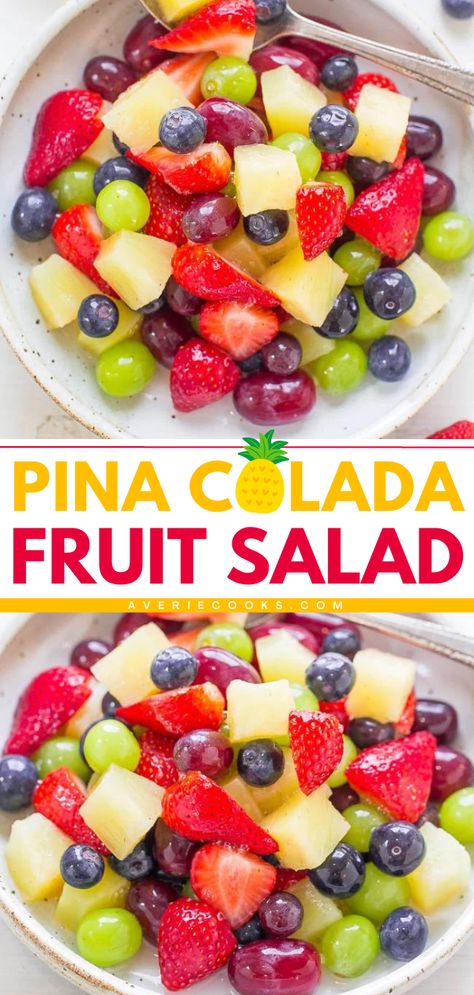 Get into the warm weather vibe with this Tropical Fruit Salad! It's the perfect 4th of July recipe. Tossed in pineapple juice, coconut and pineapple extracts, plus a piña colada mix, this fresh summer salad is delicious! Put this on your Memorial Day food ideas! Pina Colada Mix, Homemade Fruit Salad, Easy Fruit Salad, Memorial Day Foods, Easy Fruit Salad Recipes, Juice Coconut, Tropical Fruit Salad, Best Fruit Salad, Fruit Salad Easy