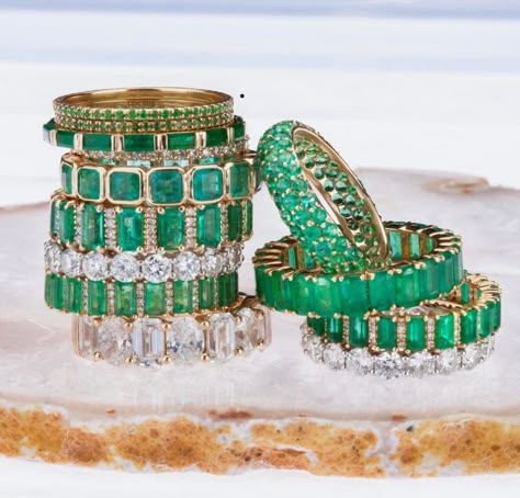 Our emerald eternity bands in 14K or 18K yellow, rose, and white gold are set with shimmering multi-colored sapphires and a bezel setting. Wear these alone or stacked with multi-colors and/or other rings from our collection. We have varying sizes in stock, you can order to your specific size of stones, colors and gold--most of our special order eternity bands can be completed with in a few days to one week. 14K Gold or 18K gold Multi-color sapphires and gemstones 23 emeralds (depending upon size Green Wedding Rings, Eternity Band Stack, Baguette Eternity Band, Emerald Cut Eternity Band, Emerald Eternity Ring, Emerald Anniversary, Emerald Band Ring, Emerald Eternity Band, Halo Band