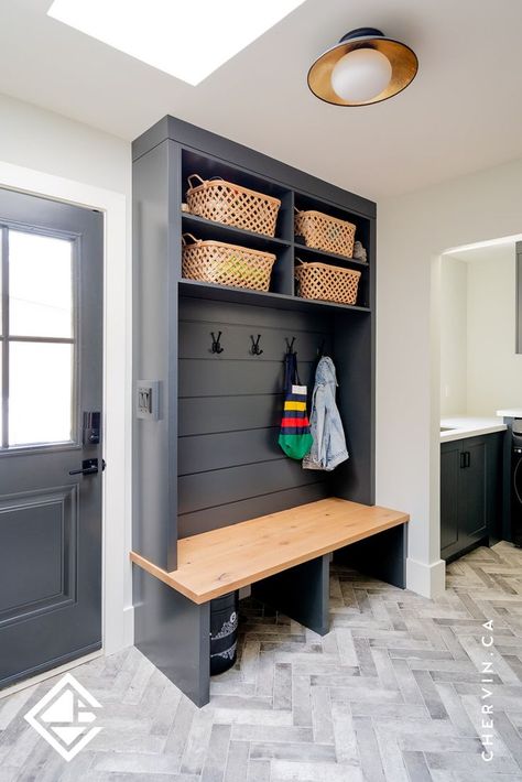 Black and wood cabinetry in a mudroom. Black Open Shelves, Wood Mudroom, Cabinets Mudroom, Natural Wood Bench, Under Stairs Ideas, Mudroom Cabinetry, Mudroom Inspiration, Under Stairs Nook, Black Cabinetry