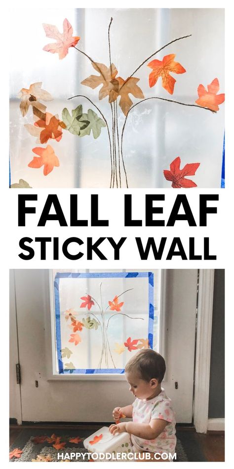 Easy Fall activity for toddlers and preschoolers! This contact paper sticky wall activity incorporates fine motor skills and makes the prettiest colorful fall tree! Use clear contact paper to makes a fall leaf suncatcher, or white contact paper for an easy sticky wall activity. Your toddler will love this cute Autumn activity - great indoor activity for a rainy day! Contact Paper Leaf Craft, Contact Paper Crafts, Leaf Suncatcher, Fall Activities For Toddlers, Autumn Activity, Toddler Sensory Bins, Sticky Wall, Indoor Activities For Toddlers, Fall Pumpkin Crafts