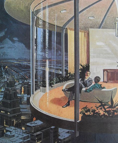 1960s Futuristic Home Interior Architecture Modern Atomic Los Angeles Advertisement Vintage Illustration by Christian Montone, via Flickr Futuristic Home Interior, Futuristic Home, Detailed Paintings, Futuristic Interior, 50s Style, Retro Interior, Futuristic Art, Illustration Vintage, Science Fiction Art