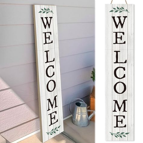 PRICES MAY VARY. Large porch sign size: this welcome vertical porch sign measures about 47.2 x 9.8 x 0.78 inches, large enough to decorate your home better Farmhouse theme design: this wooden welcome sign are printed with the word "welcome" and leaves, black and white, green colors, which will brighten your day, adding charm to your house Quality material: the farmhouse porch decors are made of quality wood material with clear print, which is not easy to break or deform, reliable and long lastin Long Rectangle Door Hanger, Diy Welcome Sign Wood, Welcome Signs For Front Door, Tall Welcome Sign, Snowman Outdoor Decorations, Front Door Rustic, Farmhouse Welcome Sign, Large Porch, Welcome Sign Front Door