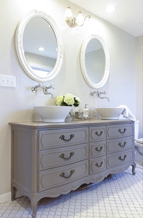 How to turn a vintage french dresser into a double sink vanity. Includes tips, paint color used, and best non-yellowing, waterproof top coat for a bathroom. Shabby Chic Bathroom Vanity, Vanity With Vessel Sink, Shower Baths, Muebles Shabby Chic, Diy Bathroom Vanity, Chic Bathroom, Dresser Vanity, Casa Country, Vanity Ideas