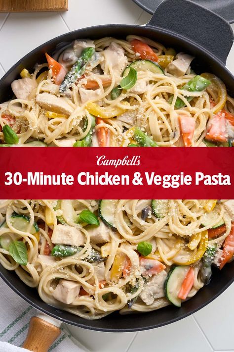 Everyone loves an easy 30-minute meal. Our Chicken & Veggie Pasta recipe is just that! This quick dinner idea includes Campbell’s® Healthy Request® Condensed Cream of Mushroom Soup and is a great way to use up leftover cut up fresh veggies. Or, you can substitute thawed frozen vegetables for the fresh. Campbell’s® Healthy Request® Cream of Mushroom Soup is a great hack for family-pleasing meals. This 30-minute meal creates a quick family dinner or make it as a recipe to meal prep with! Veggie Chicken Pasta, Campbell Soup Casserole Recipes, Campbell’s Recipes, Campbells Soup Pasta Recipes, Cream Of Chicken Soup Pasta Recipes, Campbell’s Soup Recipes, Recipes With Campbells Soup, Chicken And Veggie Pasta, Campbell Cream Of Mushroom Soup Recipes