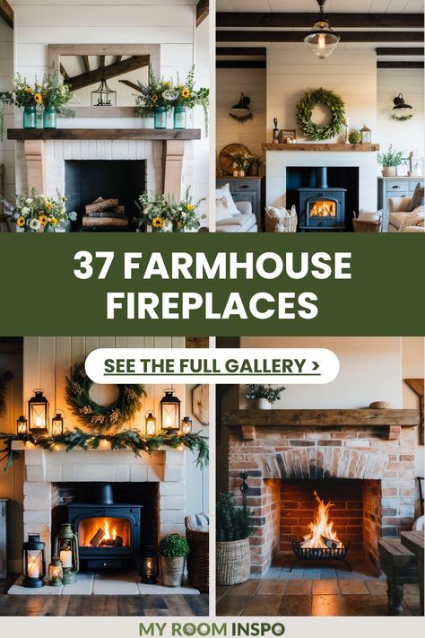 This pin features 4 beautiful farmhouse fireplace styles focused on cozy and rustic designs. Perfect for homeowners looking to enhance their living space with warm and inviting decors. Fireplace Mantle Decor Greenery, Painted Fireplace Mantels Farmhouse, Mantle Decor Under Tv Farmhouse, Fireplace Bench Decor Ideas, Decorating Large Fireplace Mantels, Stone Fireplace Family Room, Farmhouse Stone Fireplace Ideas, Fireplace Base Decor, Pretty Fireplace Ideas