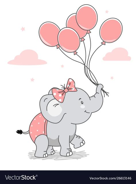 Happy elephant with a bow and balloons vector image Storch Baby, Baby Animal Drawings, Happy Elephant, Elephant Illustration, Nursery Canvas, Elephant Drawing, Cartoon Elephant, Baby Images, Elephant Tattoos