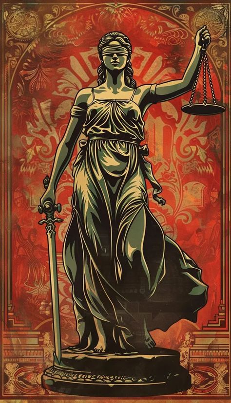 Law Illustration Art, Lady Justice Wallpaper, Lady Justice Illustration, Lady Justice Art, Justice Illustration, Red And Gold Background, Justice Lady, Lawyer Art, Justice Art