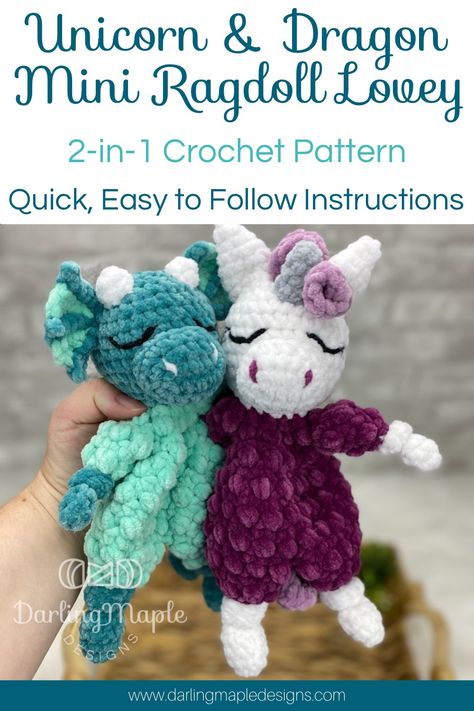 Create the perfect gift for that special someone with Darling Maple Designs’ 2-in-1 Unicorn and Dragon Mini Ragdoll Lovey Crochet Pattern! Our pattern is low sew, so it’s quick and easy to make. With our easy-to-follow instructions, you’ll be able to make a beautiful, one-of-a-kind gift in no time. Keep following us to stay updated on the newest crochet patterns! Crochet Stuffed Unicorn, Crochet Unicorn Lovey Free Pattern, Dragon Lovey Crochet Pattern Free, Low Sew Crochet Amigurumi, Crochet Snuggler Free Patterns, Lovey Crochet Pattern Free, Crochet No Sew Amigurumi, No Sew Crochet Patterns, Crochet Snugglers