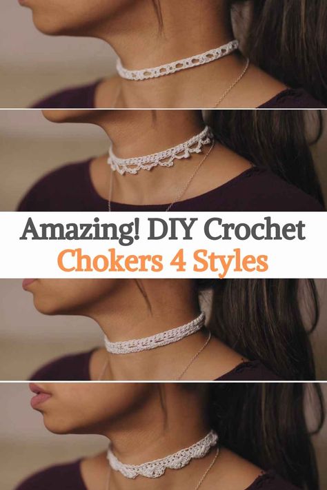 In this video we will learn how to make a few different styles of a crochet choker. Feel free to add more rows if you want them bigger! The creator's chokers were around 12 inches, which was the size of her neck. Approximately every 3 chains = 0.5 inches. To make it easier, she used a length of 48 chains for each choker, which worked for her since 3/4 of her chokers had stitches 4 or 6 stitches apart. (48 is a multiple of 4 and 6) But DON'T WORRY if her stitches aren't exactly... Crochet Neck Choker, Choker Patterns Crochet, How To Crochet Necklace, Crocheted Jewelry Patterns Free, Crochet Choker Tutorial, Crochet Choker Necklace Free Pattern, Choker Necklace Crochet, Necklace Crochet Pattern Free, Choker Crochet Pattern Free