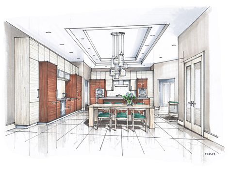 Kitchen Rendering by Mick Ricereto Croquis Architecture, Interior Sketching, Interior Perspective, Marker Rendering, Arch Sketch, Perspective Drawings, Interior Drawing, Perspective Sketch, Exterior Sketch