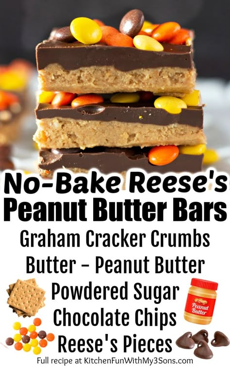 No Bake Reese's Peanut Butter Bars are a crave-worthy, super easy to make cookie bar that any fan of the chocolate-peanut butter combo will really enjoy. Make these bars in minutes and sprinkle with Reese's Pieces for a colorful treat. Reeses Pieces Recipe, Graham Cracker Bars, Reese's Peanut Butter Bars, No Bake Peanut Butter Bars, Brownie Torte, Graham Cracker Toffee, Chocolate Peanut Butter Balls, Baking Substitutions, Brownie Mix Cookies