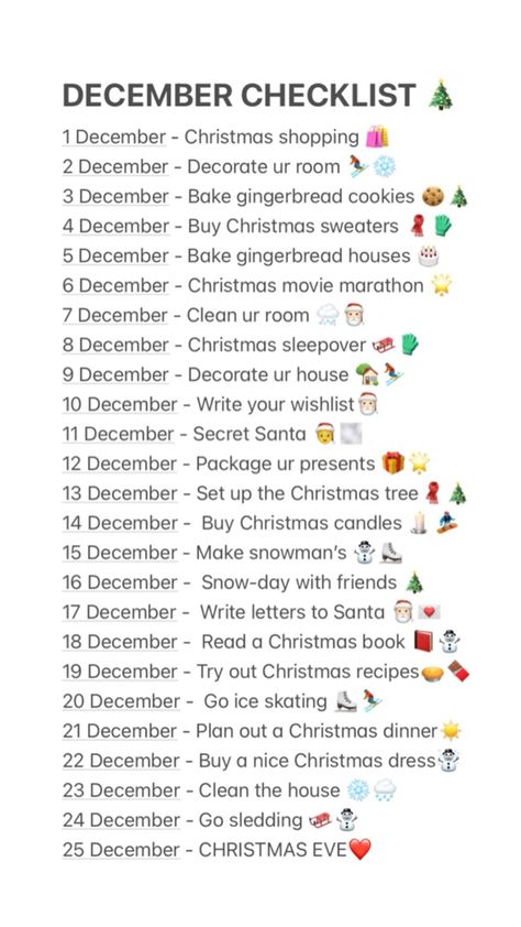 December List Of Things To Do, Things To Do Every Day Of December, Preppy Xmas List Ideas, December Checklist Ideas, Christmas List Categories, Christmas Itenary, What To Do In December, Christmas Decor Checklist, Christmas List Journal Ideas