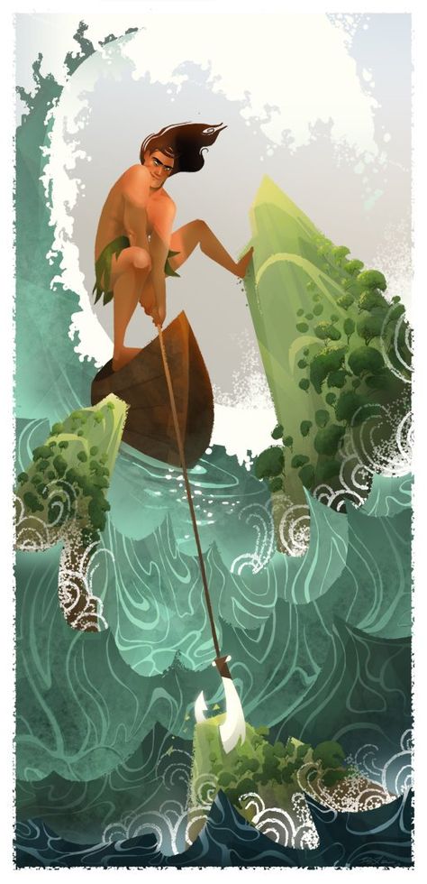 "Maui," the demi-god who fished the Hawaiian islands from the sea. By Brittney Lee. Brittney Lee Illustration, Brittney Lee Art, Maori Illustration, Maui Drawing, Maori Gods, Hawaiian Mythology, Brittany Lee, Maui Moana, Brittney Lee